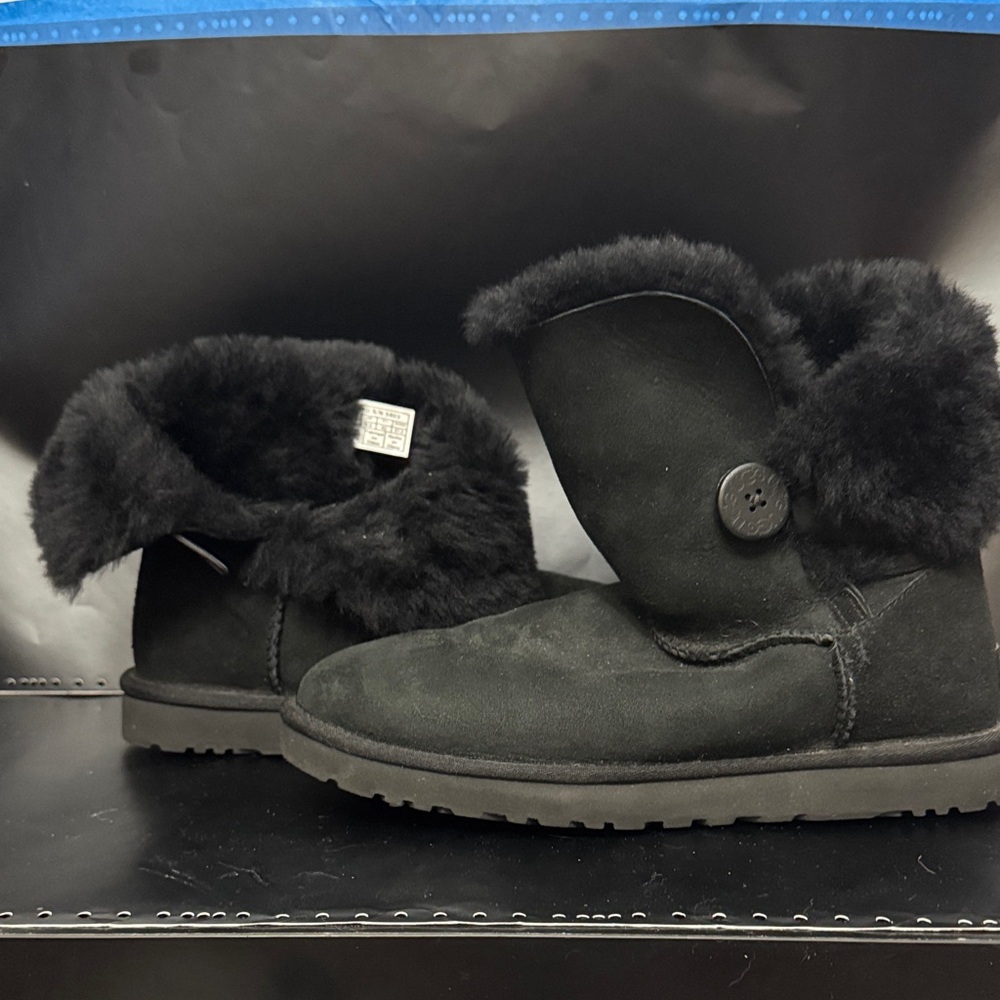 UGG Black Suede Winter Boots with Fur Trim